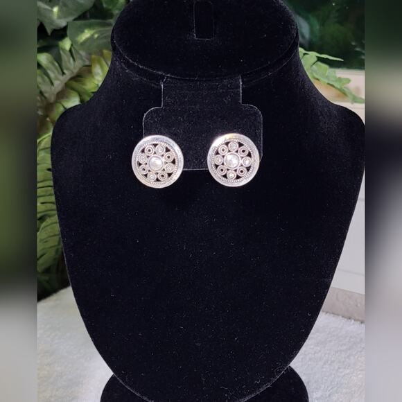 CHICO'S Antiqued Silver Crystal Stud Medallion Earrings - Picture 3 of 5